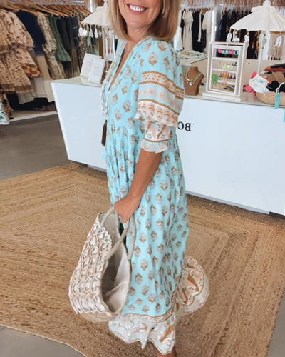 GIULIA | Vestido Midi Estampado con Escote en V y Mangas Abullonadas Elegantes