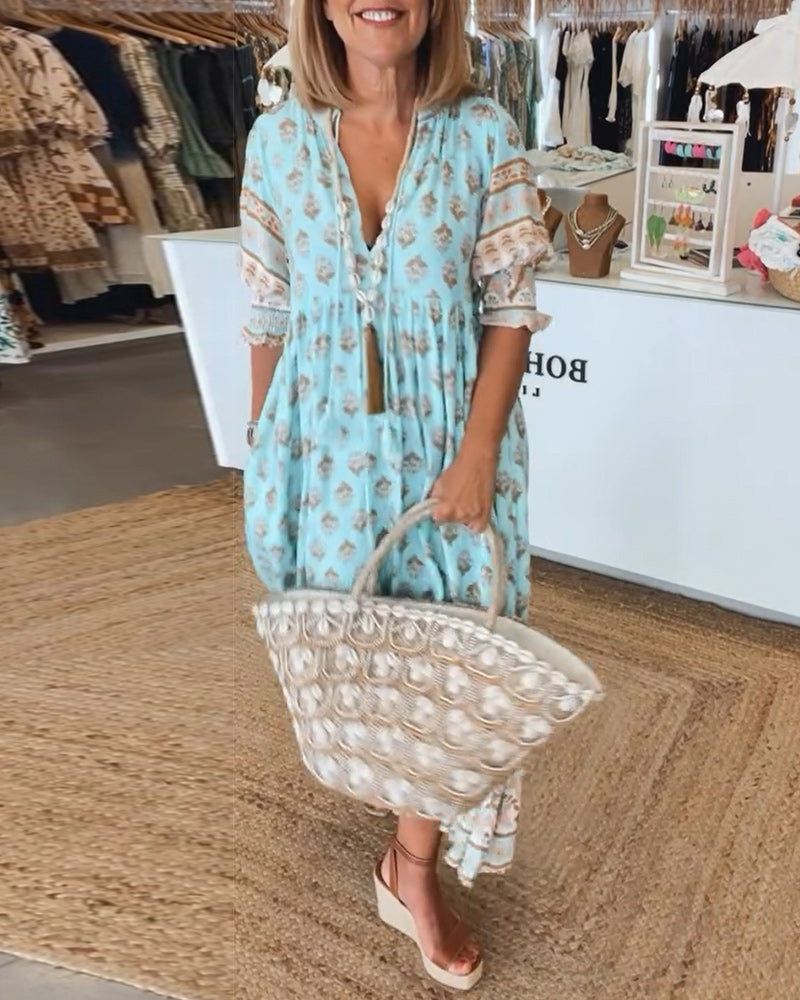 GIULIA | Vestido Midi Estampado con Escote en V y Mangas Abullonadas Elegantes