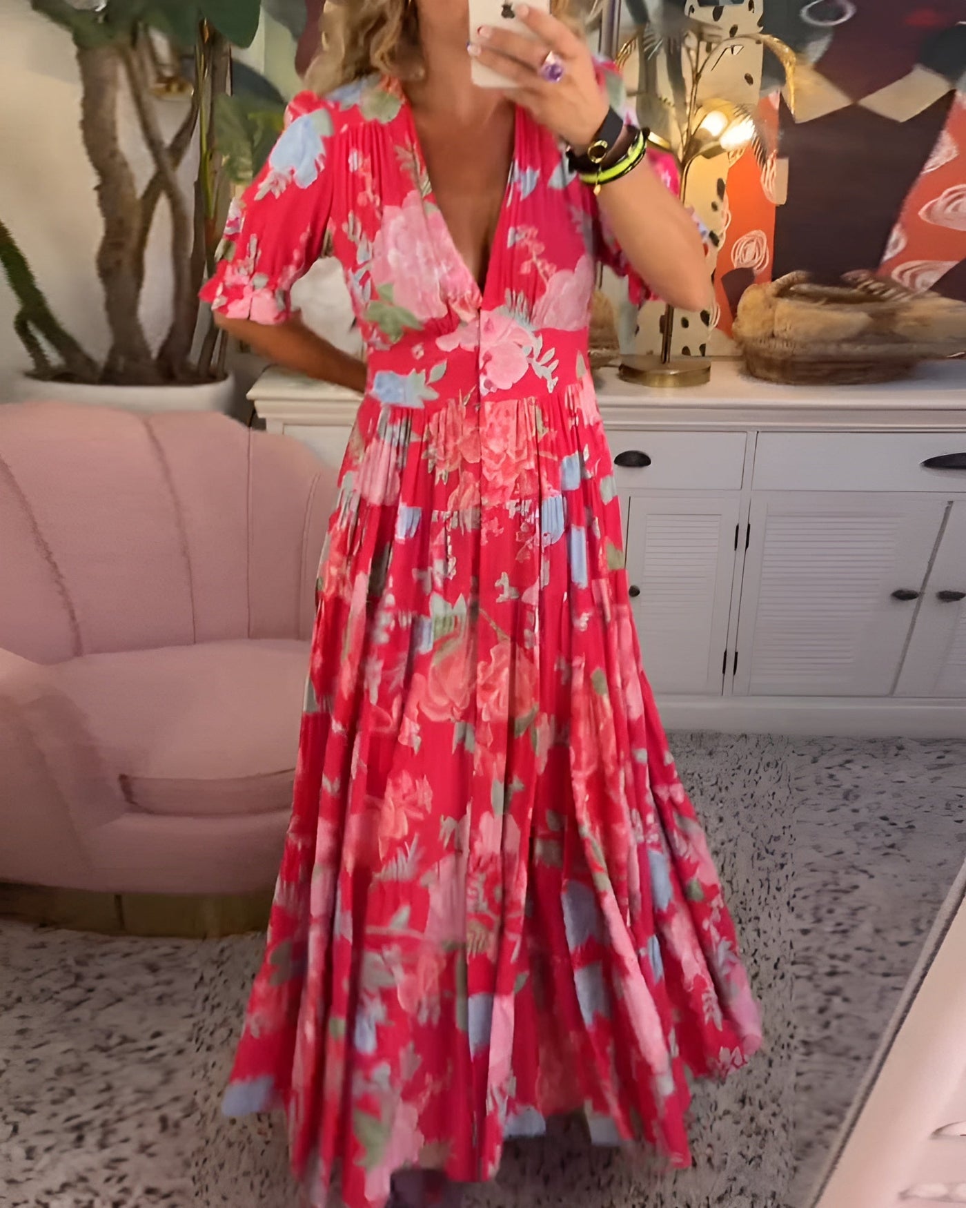 CATERINA | Vestido Floral Largo con Bolsillos Ocultos y Corte Femenino de Día