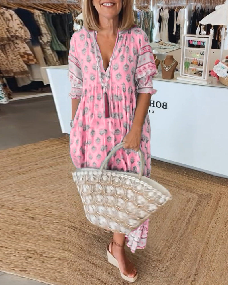 GIULIA | Vestido Midi Estampado con Escote en V y Mangas Abullonadas Elegantes