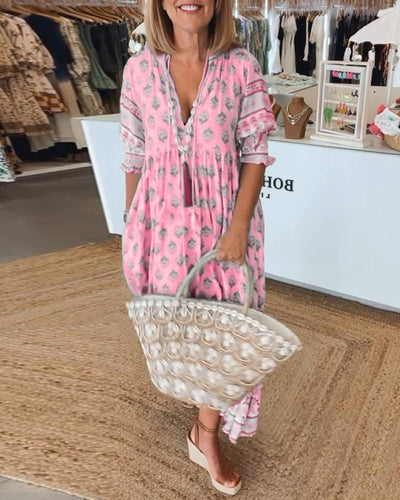GIULIA | Vestido Midi Estampado con Escote en V y Mangas Abullonadas Elegantes