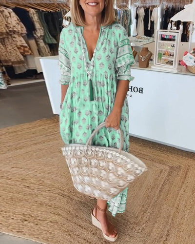 GIULIA | Vestido Midi Estampado con Escote en V y Mangas Abullonadas Elegantes