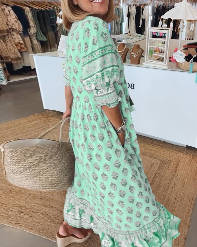 GIULIA | Vestido Midi Estampado con Escote en V y Mangas Abullonadas Elegantes