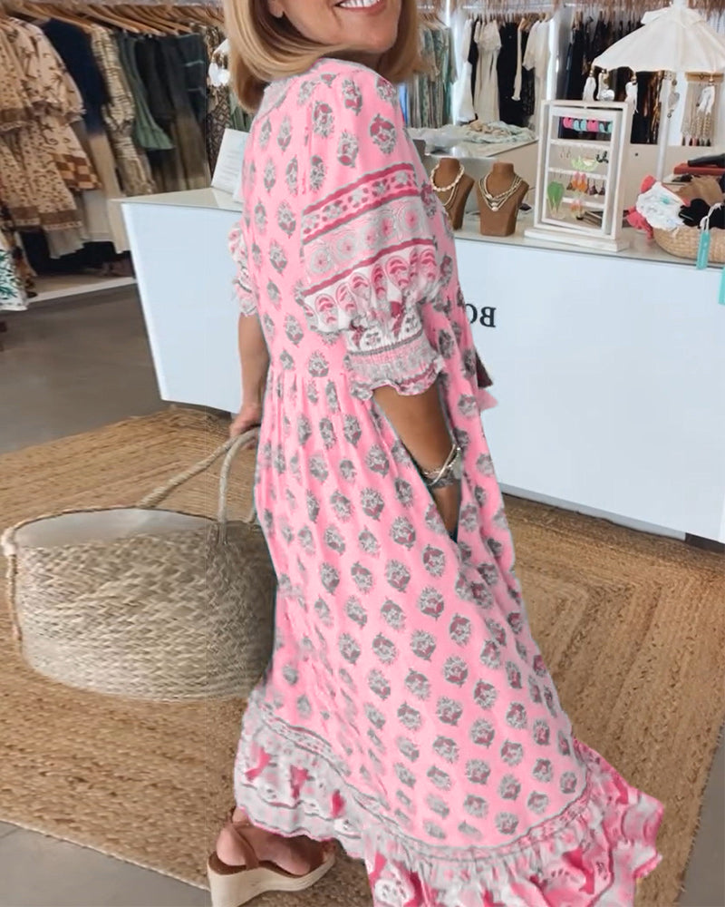 GIULIA | Vestido Midi Estampado con Escote en V y Mangas Abullonadas Elegantes