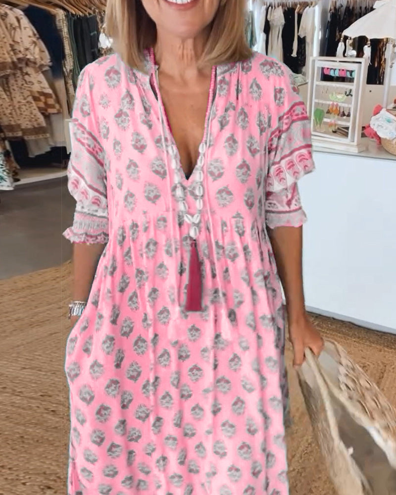 GIULIA | Vestido Midi Estampado con Escote en V y Mangas Abullonadas Elegantes