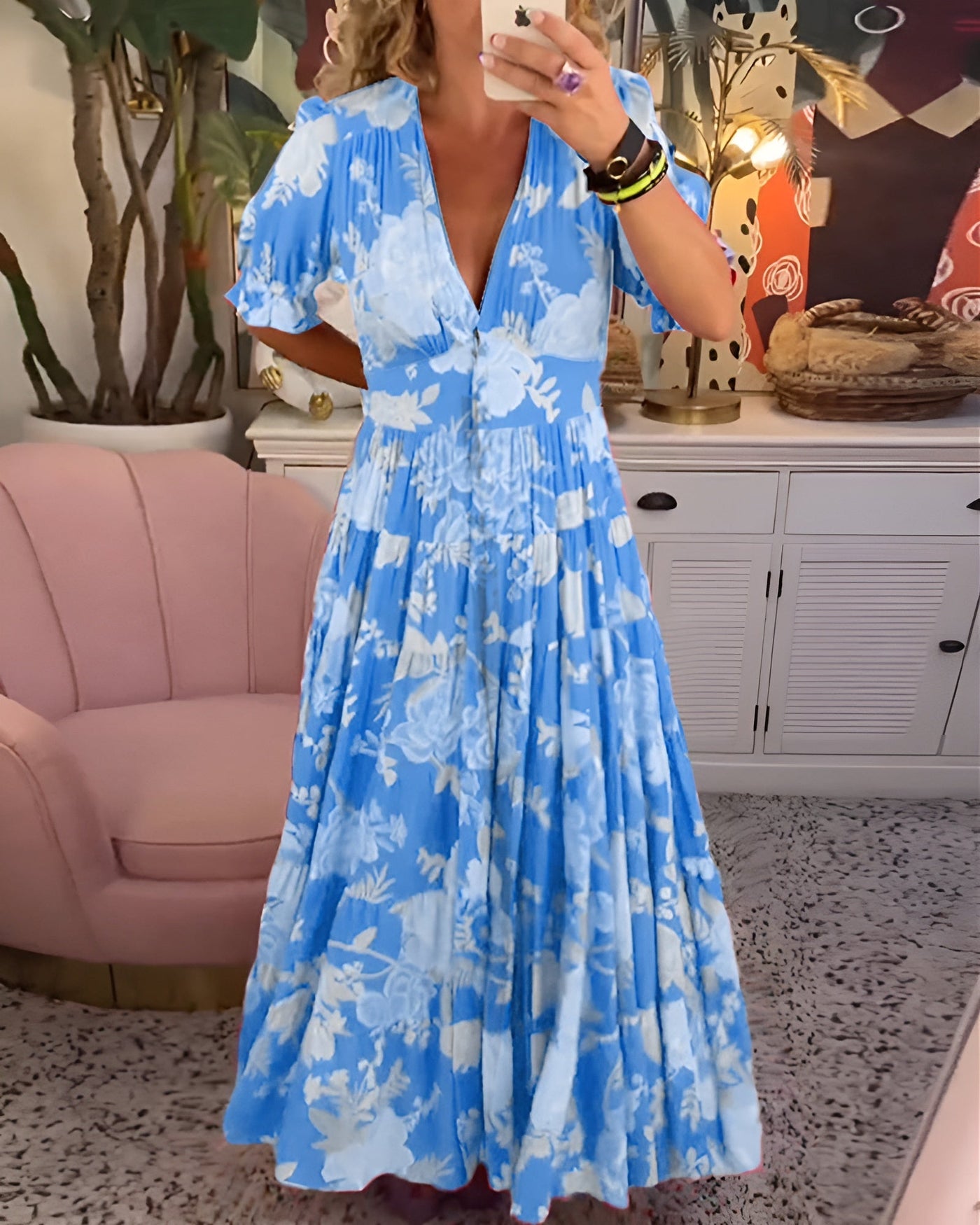 CATERINA | Vestido Floral Largo con Bolsillos Ocultos y Corte Femenino de Día