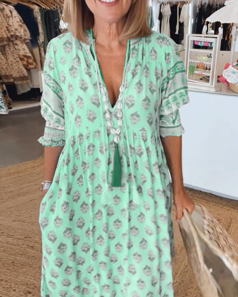 GIULIA | Vestido Midi Estampado con Escote en V y Mangas Abullonadas Elegantes