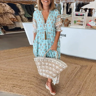 GIULIA | Vestido Midi Estampado con Escote en V y Mangas Abullonadas Elegantes