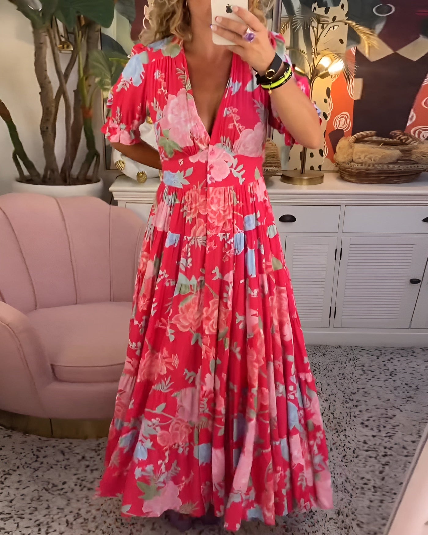 CATERINA | Vestido Floral Largo con Bolsillos Ocultos y Corte Femenino de Día