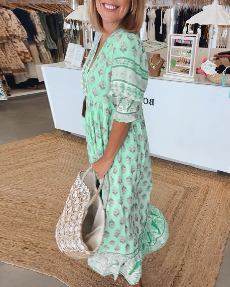 GIULIA | Vestido Midi Estampado con Escote en V y Mangas Abullonadas Elegantes
