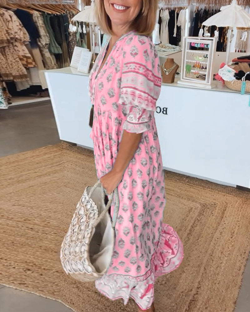 GIULIA | Vestido Midi Estampado con Escote en V y Mangas Abullonadas Elegantes