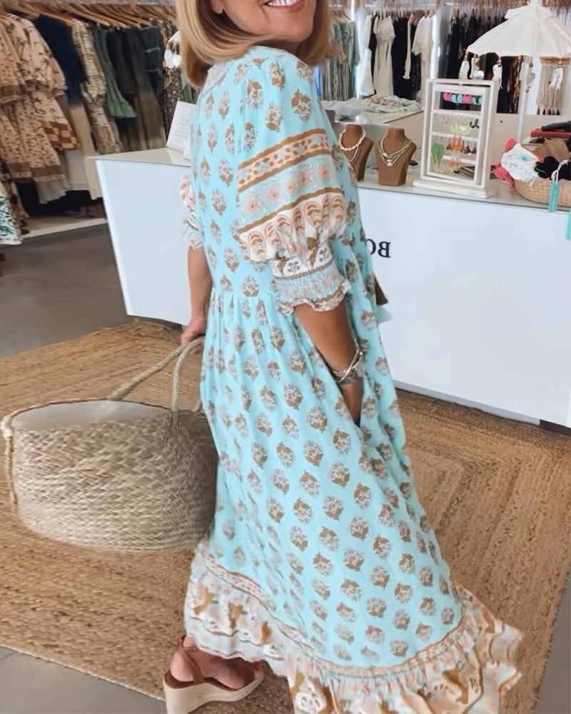 GIULIA | Vestido Midi Estampado con Escote en V y Mangas Abullonadas Elegantes