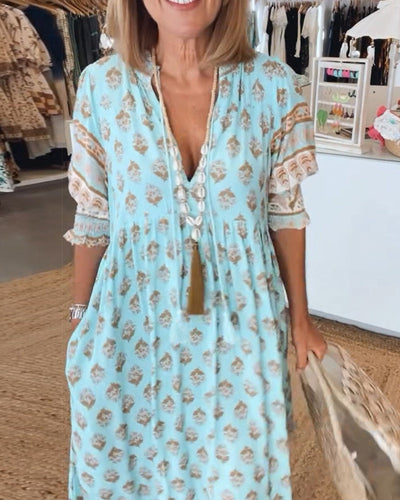 GIULIA | Vestido Midi Estampado con Escote en V y Mangas Abullonadas Elegantes