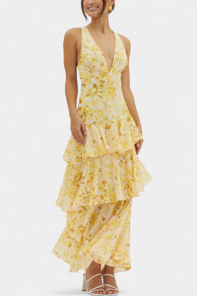 Lara Vestido de Gasa con Escote en V y Capas Fluidas